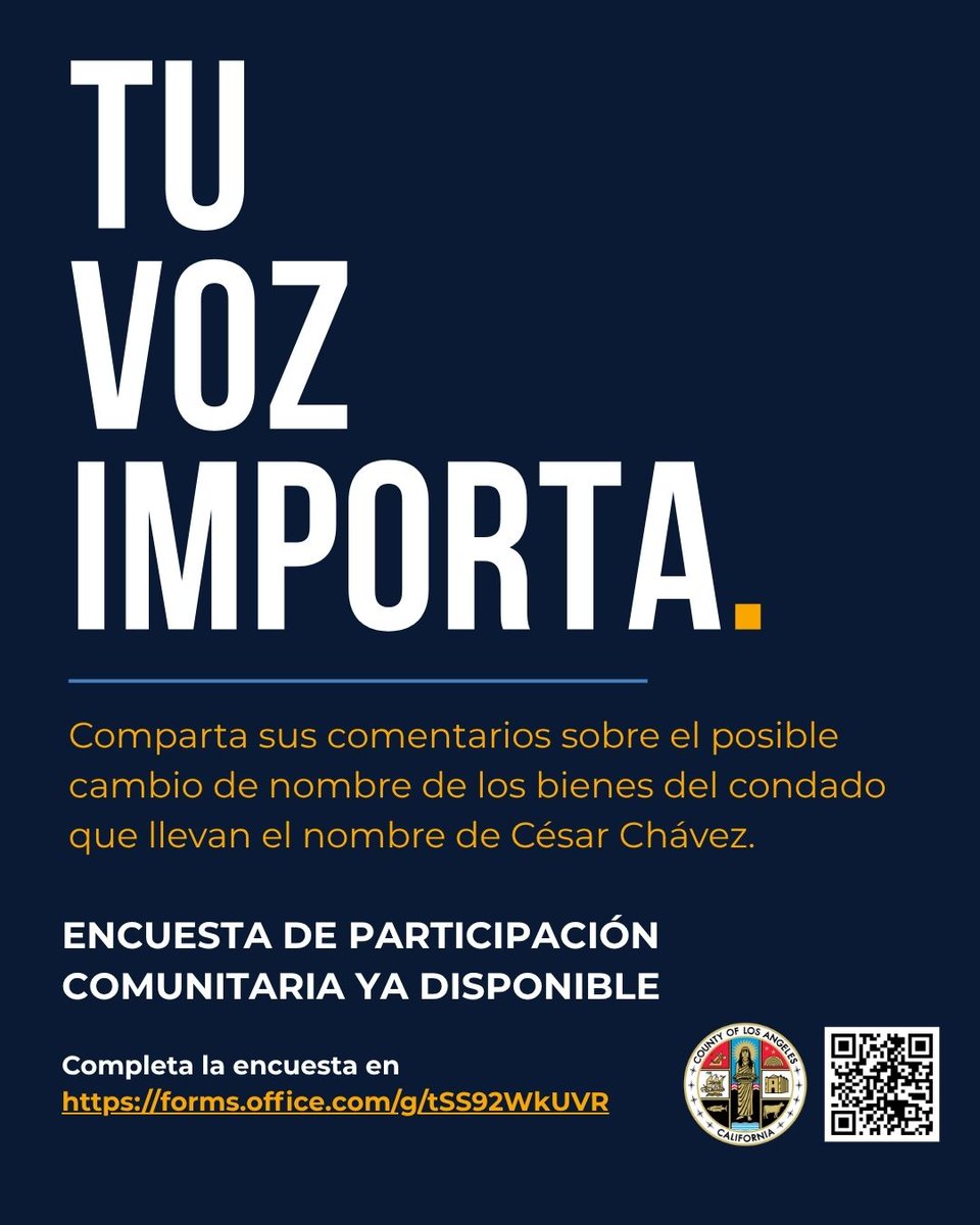 LACountyRRCC's tweet photo. Los Angeles County would like the community's help regarding the renaming of parks, streets, and other L.A. County programs that bear the name of Cesar Chavez, following the recent allegations of his history of sexual abuse.

Respond to the survey at: https://t.co/BkJZGo2fE7 https://t.co/xPhXToIu63