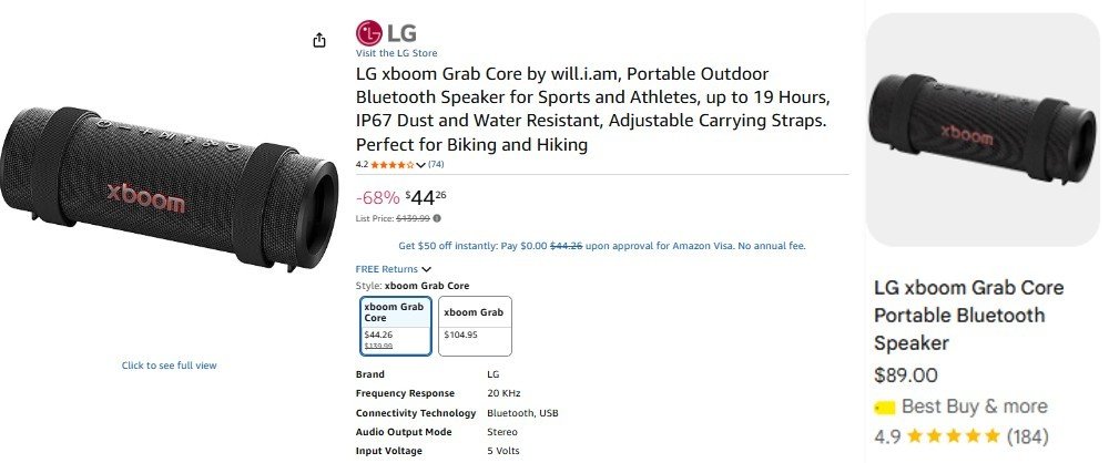 glitchaddicts's tweet photo. $44 LG XBOOM GRAB CORE BLUETOOTH SPEAKER ON AMAZON

$44.26 at checkout (Orig. $140)

Lowest ever from Amazon, Best Buy has it for $89

Portable outdoor Bluetooth speaker with up to 19 hours battery life, IP67 dust and water resistance

https://t.co/tcqvvrcBEU #ad https://t.co/gAQTZcZ6IO