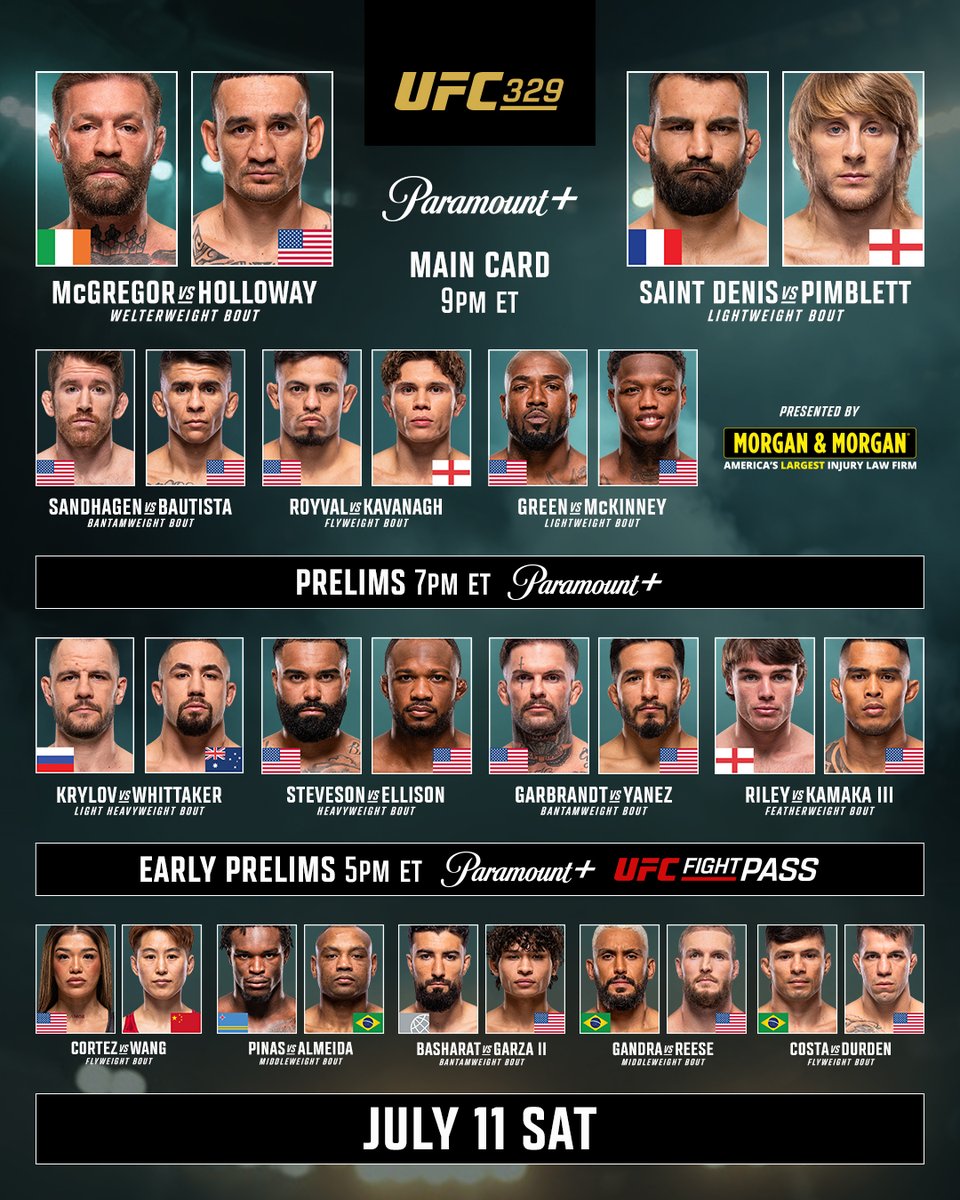 ufc's tweet photo. STACKED IFW 👊

Prelims - 5pmET
Main Card - 9pmET

[ #UFC329 LIVE on @ParamountPlus | B2YB: @ForthePeople ] https://t.co/a8Oitx0WOU