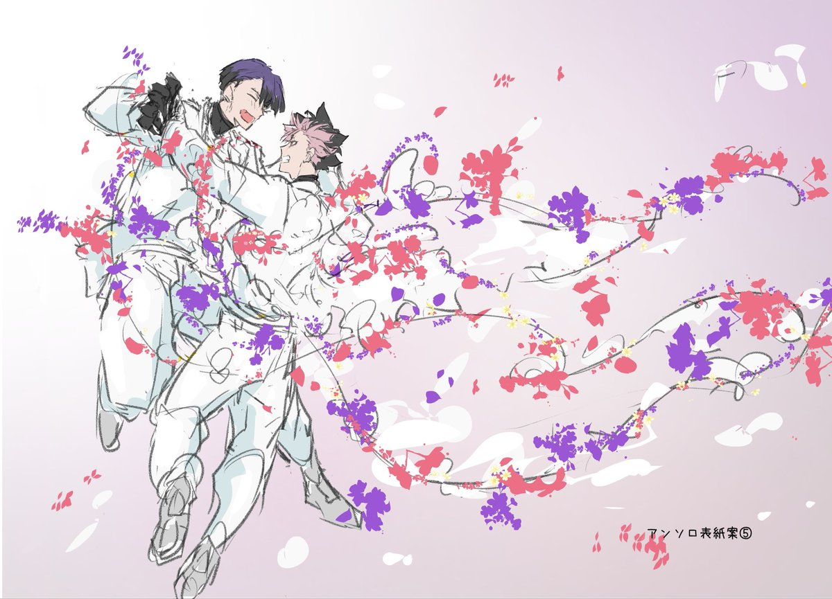funyori_krt's tweet photo. ラフ本　保鳴/hsnr

アンソロ表紙
これが最初に描いたやつでしたね。この人たち、戦ってる時舞ってるみたいだから、と思って描いた構図です。 https://t.co/HQ9mAdKgrS