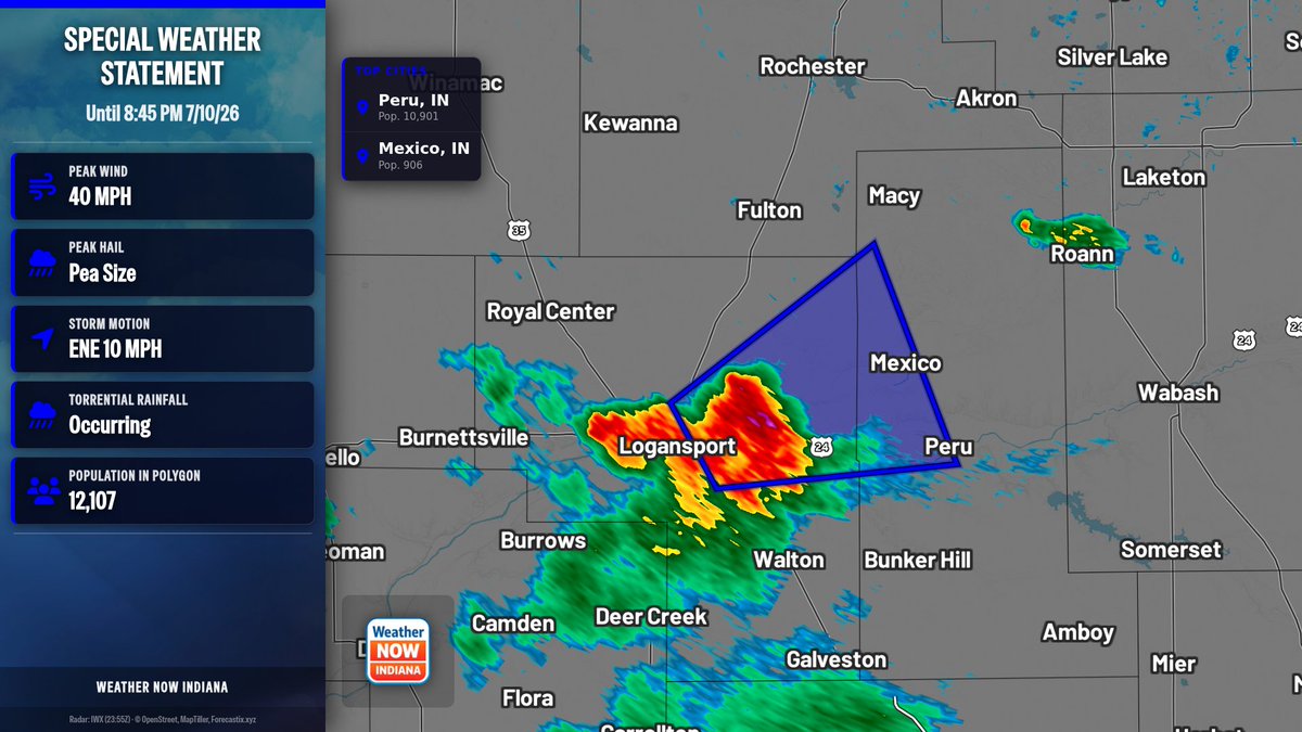 wxnowIndiana's tweet photo. A Special Weather Statement has been issued for Cass, Miami | Torrential Rain: Occurring | until 8:45 PM 7/10/26 | Hail: 0.25 inches | Wind: 40 MPH https://t.co/BBlUrC32tO