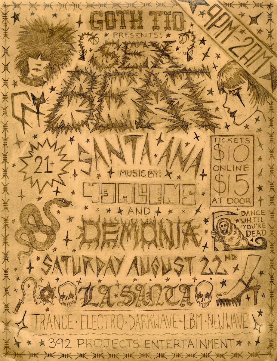 49aliens_'s tweet photo. Made this here flyer for sexbeat on August 22nd in Santa Ana. I only used one piece of paper, was gonna transfer to a new sheet but I loved how beat up it looked 👍 come thru!! https://t.co/nEoqFwTp2b