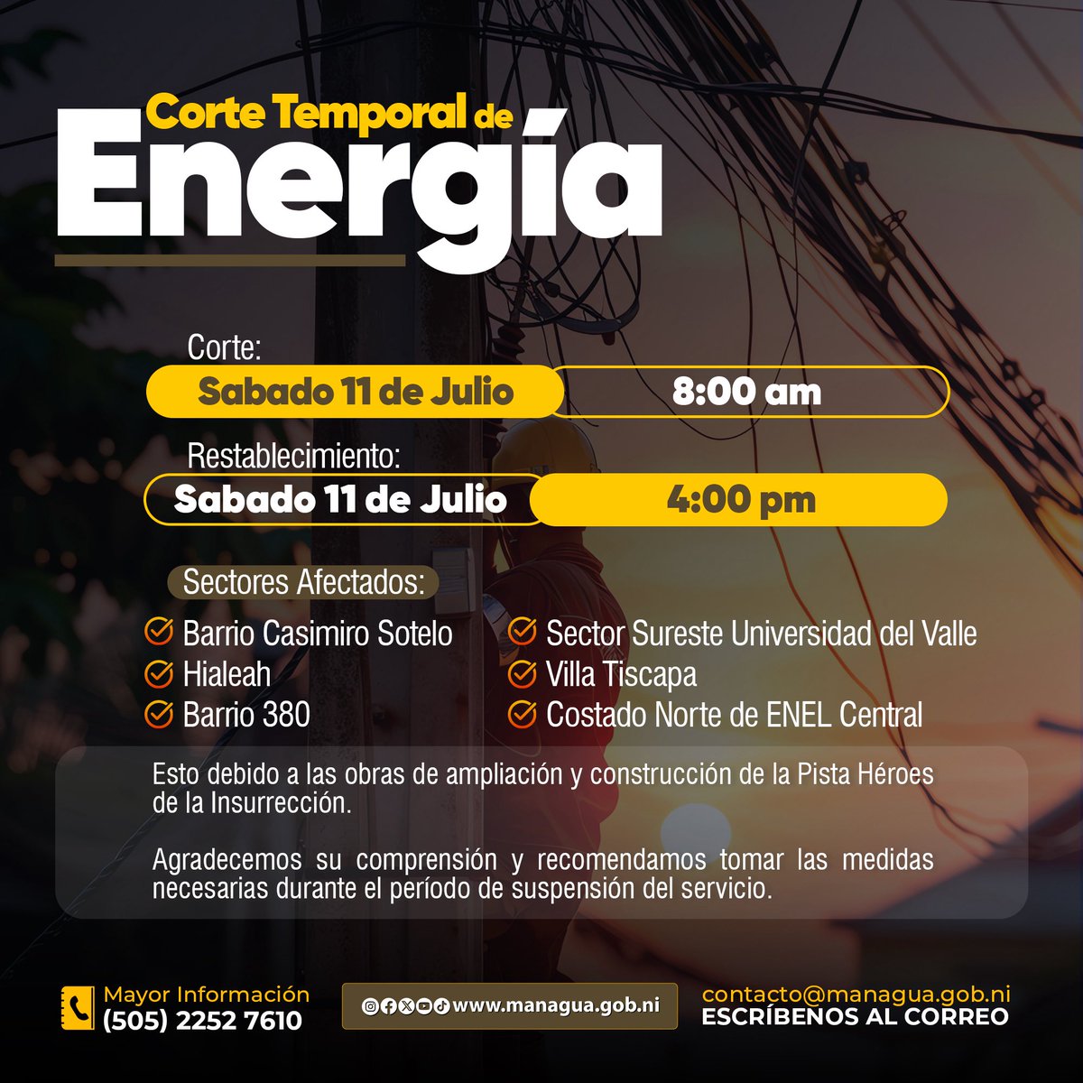 alcaldia_mga's tweet photo. ⚠️ Aviso importante: Este sábado 11 de julio se realizará un corte temporal de energía debido a los avances en la construcción de la Pista Héroes de la Insurrección.

💡 Te recomendamos tomar las medidas necesarias y planificar con anticipación. Agradecemos tu comprensión. https://t.co/uKN3aeMuka