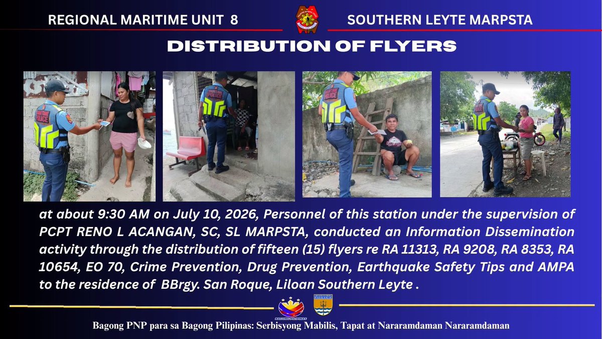 sl_MARPSTA's tweet photo. DISTRIBUTION OF FLYERS

#BagongPNPparasaBagongPilipinasSerbisyongMabilisTapatatNararamdaman
#ByLandAndSeaWeOvercome
#ToServeandProtect https://t.co/5snRreUCbb