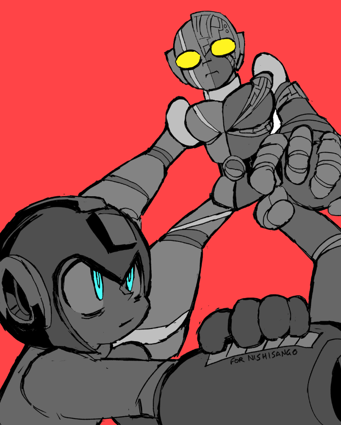 GENCZILLA's tweet photo. Megaman and Kikaider sketch https://t.co/kRAhUdxrgB