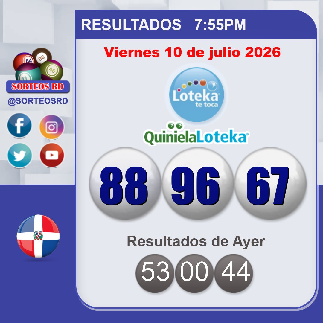 SorteosRD's tweet photo. Resultados Loteka🍀🎉
 🗓 Viernes 10 de julio 2026 ⏰ 7:55 P.M.
 #lotekard #sorteosrd #resultados

 Juega con responsabilidad. https://t.co/FOWGaRWRnA
