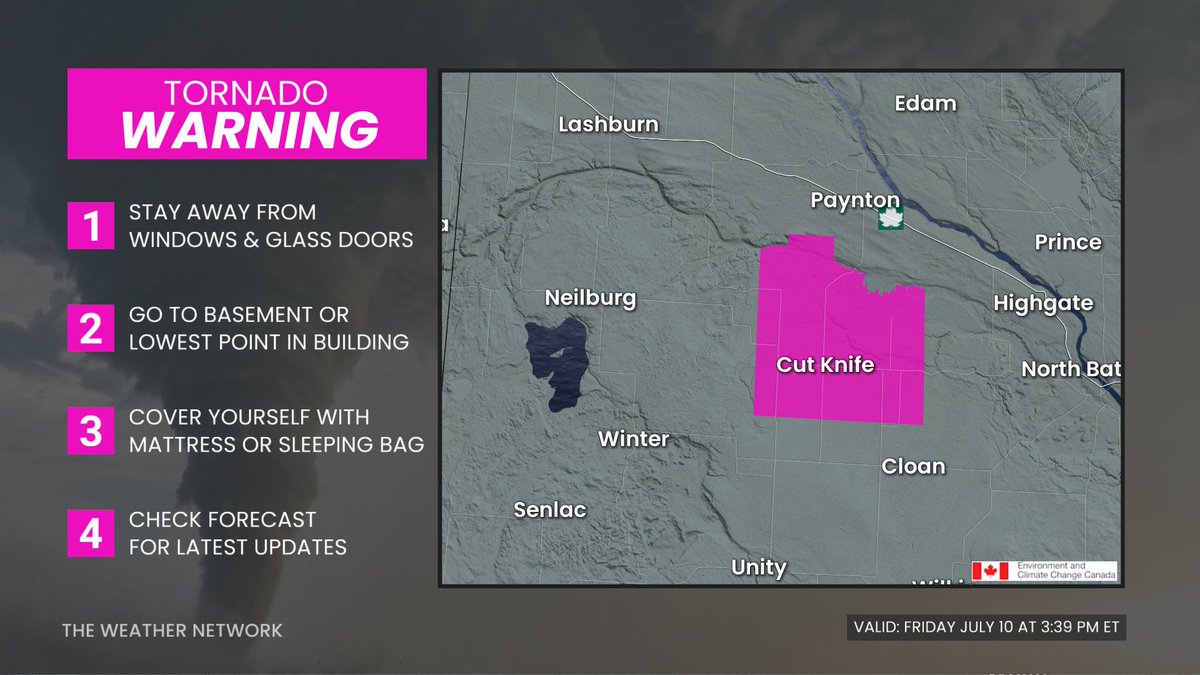 weathernetwork's tweet photo. A TORNADO WARNING has been issued in Saskatchewan for: 

- R.M. of Cut Knife including Cut Knife

#SKStorm #SKwx https://t.co/MCe8OpyWSq