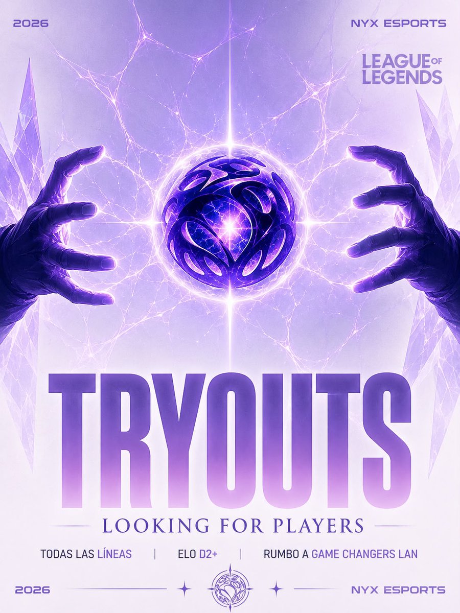 NyxEsportsLoL's tweet photo. THE SEARCH BEGINS 🔮

NYX ESPORTS abre tryouts rumbo a GAME CHANGERS LAN.

⚔️ Todas las líneas
⚔️ D2+ LAN

Te ofrecemos:
✦ Remuneración
✦ Staff capacitado
✦ Crecimiento y exposición

¿Estás lista?
👉🏻Contacto por Dm 

#GONYX#League of legends https://t.co/qMhUVelHHq