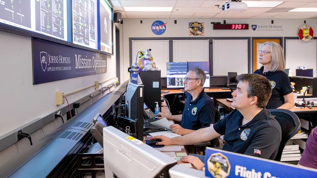 Flight controllers in a mission operations center watch data being displayed on projector screens. 