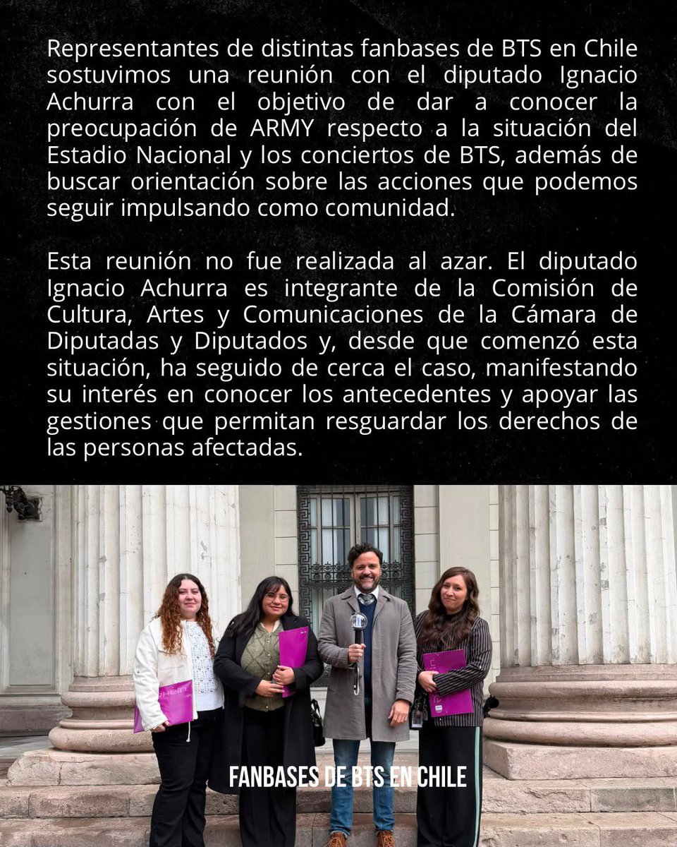 BTSOficialChile's tweet photo. Seguimos agotando todas las instancias de diálogo para que ARMY obtenga respuestas claras. Nuestra voz seguirá presente donde sea necesario. 💜

#BTSALNACIONAL #BTSENCHILE #BTSCHILE #QUEREMOSABTSENELNACIONAL https://t.co/P8YTg6CoNX