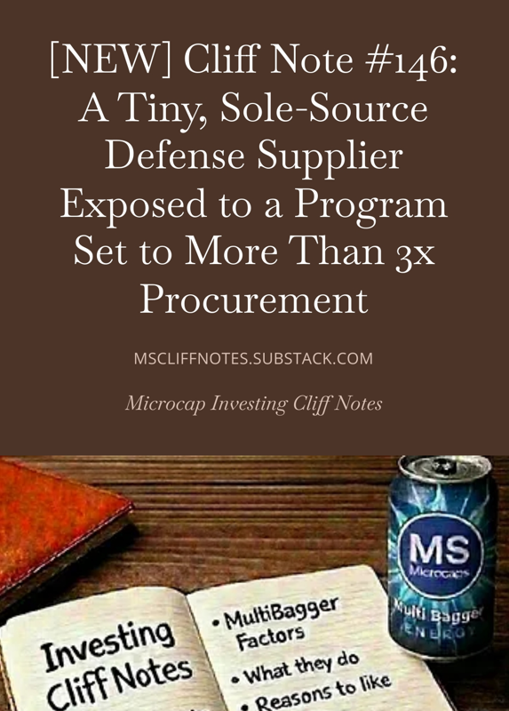 MSmicrocaps's tweet photo. Cliff Note # 146 is out: Sole-source defense supplier. Their flagship program's budget is projected to jump 3x+. 
- Earnings inflection the market hasn't priced.
- Sole-source on its flagship program.
- Budgeted procurement is set to jump more than 3x.
- Record backlog + fresh pricing reset.
- Potential strategic catalyst in play.

10th aerospace & defense name in our Microcap Quality Index. The first 8 returned a median 260% (370% at highs), with 6 multibaggers. #10 is next.

🔗 Link in comments 👇