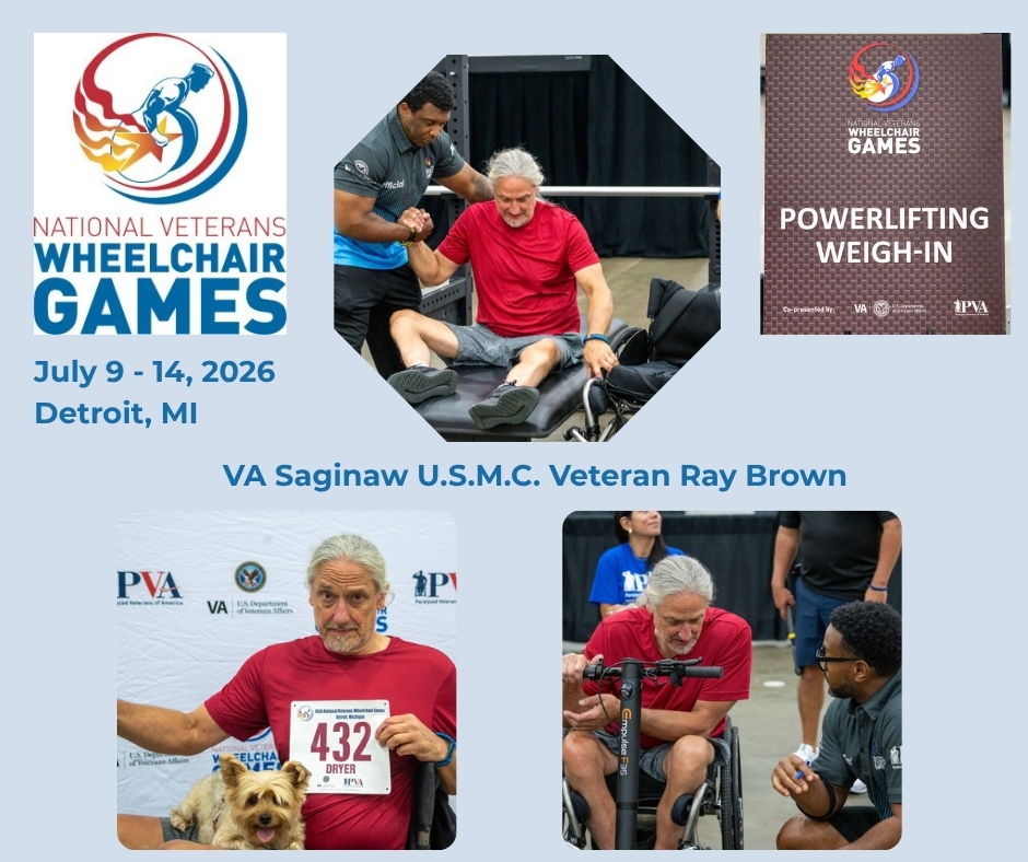 vasaginaw's tweet photo. We’re cheering on U.S. Marine Corps Veteran Ray Brown as he kicks off the National Veterans Wheelchair Games with today’s Powerlifting Weigh-In in Detroit!💪

Ray is one of two incredible athletes representing VA Saginaw Healthcare System at this year’s Games, joined by U.S. Army Veteran Scot Severn. Both will compete among hundreds of Veterans showcasing strength, resilience, and the unstoppable spirit that defines the NVWG.

Stay tuned — we’ll be sharing more coverage and highlights of their events throughout the week!

#WheelchairGames #NVWG2026 #Sports4Vets #VASaginaw #VeteranAthletes