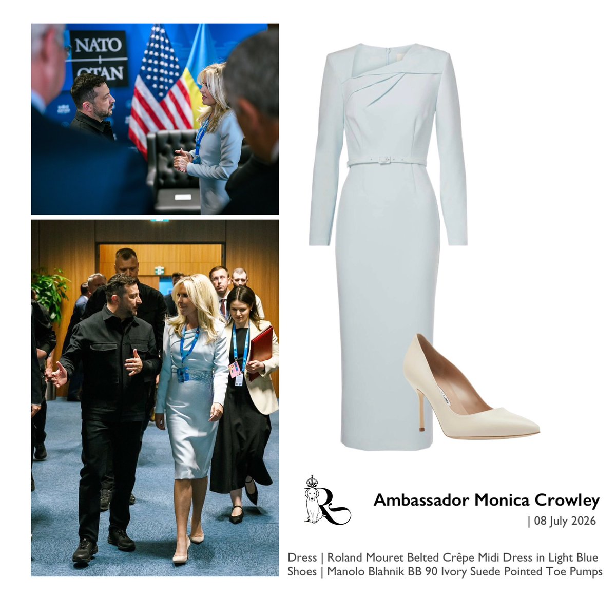 Remisagoodboy's tweet photo. Our favorite Ambassador knocks it out of the park yet again! 🇺🇸 🇺🇸 🇺🇸 

Monica Crowley, serving as the U.S. Chief of Protocol, accompanied President Donald Trump to the July 2026 NATO Summit in Ankara, Turkey. 

She played a prominent role managing the diplomatic delegation and officially greeted various European leaders arriving at the summit.

For the second day of the summit, Monica wore Roland Mouret 🩵🩵