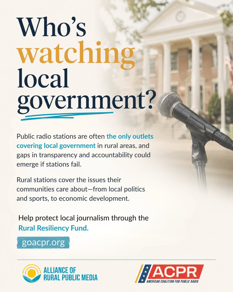 RuralPMAlliance's tweet photo. Who’s watching local government?

In many rural communities, public radio is the only outlet covering school board meetings or local government.

Take action: https://t.co/6llAwfNjcC https://t.co/8TslokX07S