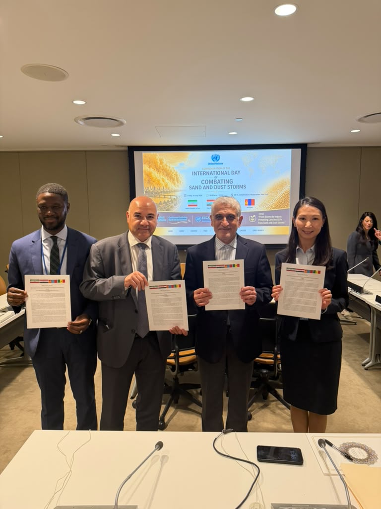 REPSENNY's tweet photo. On July 10, @REPSEN co-organized, alongside the missions of #Iraq, #Iran and #Mongolia, an event commemorating the International Day of Combatting Combat Sand and Dust Storms, with participation of @UNCCD, @UNESCAP, @UNESCWA, @UNDESA, @UNUINWEH, @UNEP_NYO, @FAO and @WHO. 
On this occasion, Senegal reaffirmed its commitment to land restoration, climate resilience, and the sustainable management of natural resources, while calling for strengthened international cooperation to address this global challenge.
---
Ce 10 juillet, @REPSEN a coorganisé, aux côtés des Missions de l’Iran, de l’Irak et de la Mongolie, un évènement commémorant la Journée internationale de lutte contre les tempêtes de sable et de poussière, avec la participation de @UNCCD, @UNESCAP, @UNESCWA, @UNDESA, @UNUINWEH, @UNEP_NYO, @FAO et @WHO. 
À cette occasion, le Sénégal a réaffirmé son engagement en faveur de la restauration des terres, de la résilience climatique et de la gestion durable des ressources naturelles, tout en appelant à une coopération internationale renforcée pour faire face à ce défi mondial.

#SandStorms #UN #ClimateAction #GreatGreenWall