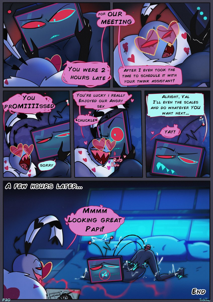 TrashTomisJB's tweet photo. Finally pages 19-20 - end. This was a pretty fun project, considering it started out as a horny joke idea "what if Val baits Vox into angry sex". Thank you for reading :) #HazbinhHotel #staticmoth #voxval https://t.co/10bo2yp8JQ