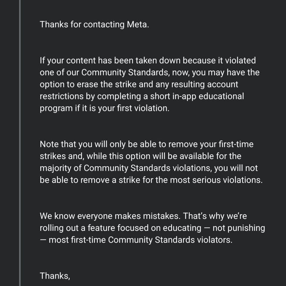 Meta educational program notification for first-time Community Standards strike removal