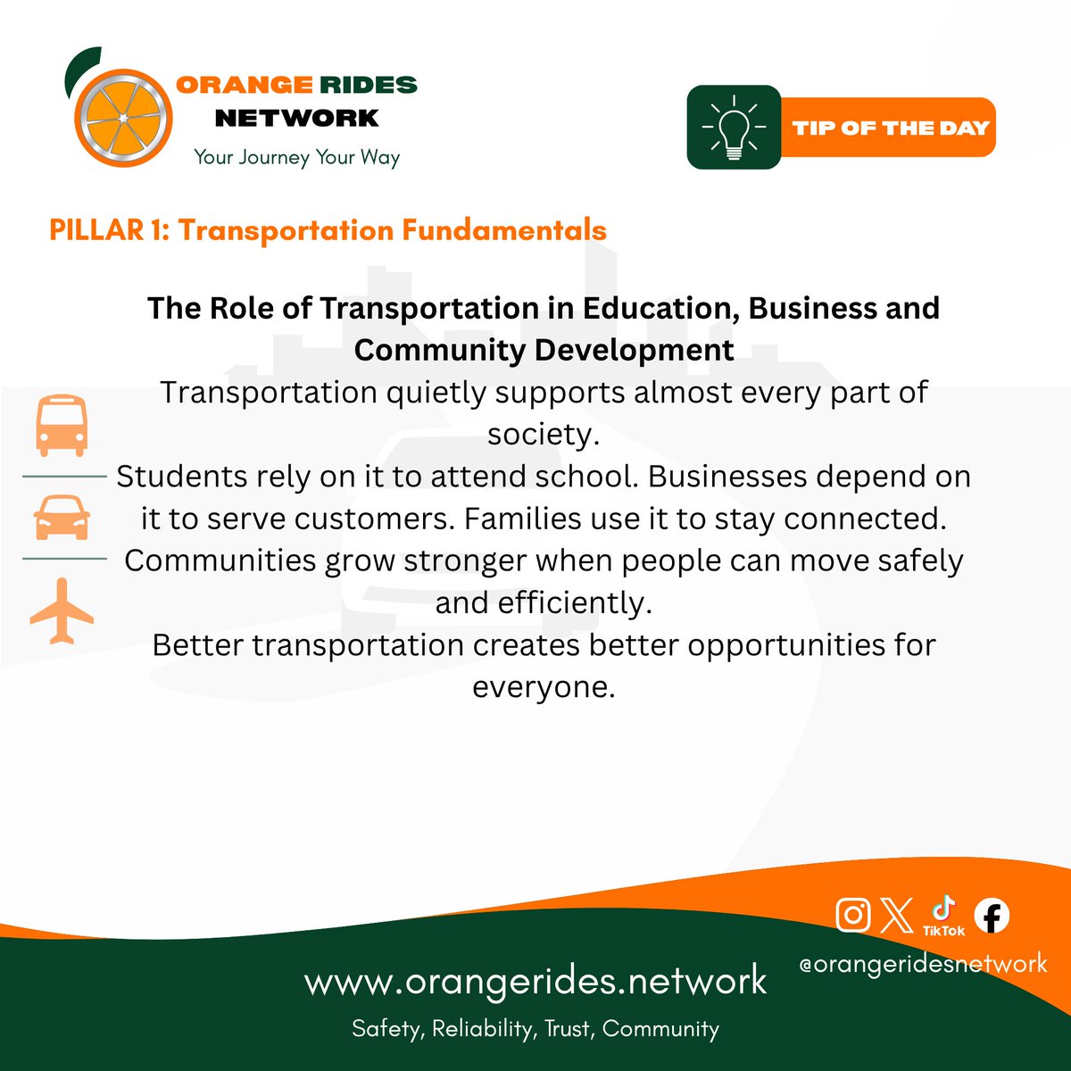 Orange_Rides's tweet photo. Transportation powers education, business, and community growth. Smarter journeys also begin before you leave—by taking a moment to think and plan.

#OrangeRidesNetwork #ORNSound #TransportEducation #TravelSmart https://t.co/a2xp7LSyqw