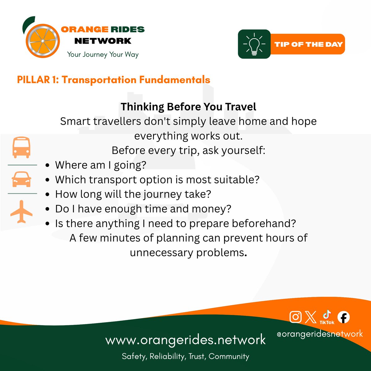 Orange_Rides's tweet photo. Transportation powers education, business, and community growth. Smarter journeys also begin before you leave—by taking a moment to think and plan.

#OrangeRidesNetwork #ORNSound #TransportEducation #TravelSmart https://t.co/a2xp7LSyqw