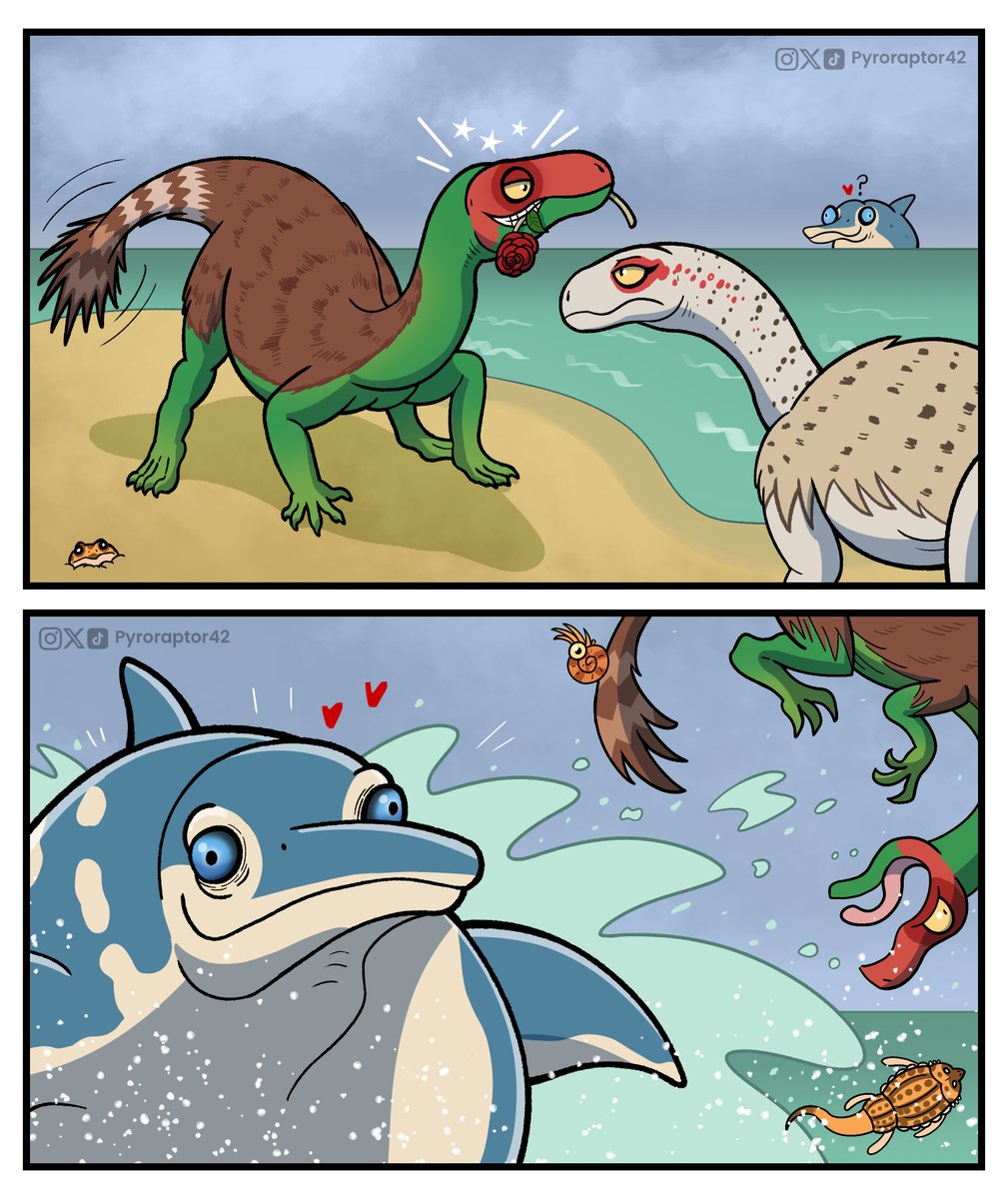 Pyroraptor42's tweet photo. During the triassic period, a male Dongusuchus tries to impress a foid with his exotic moves. Sadly the only creature to like his dance is a giant Cymbospondylus, and our chud friend pays the ultimate price. #survivingearth #paleotoon #dongusuchus https://t.co/1HCCKquhhc