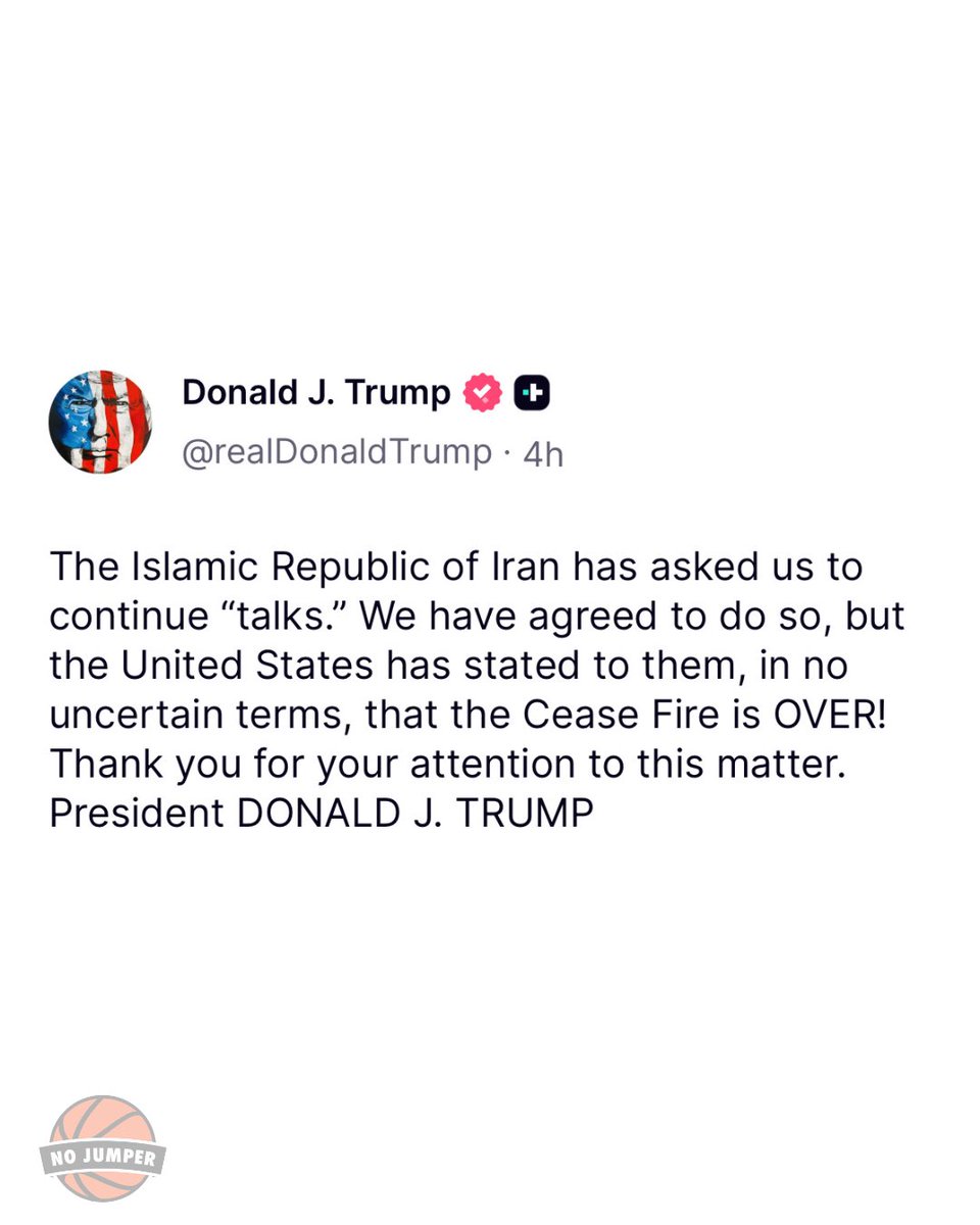 nojumper's tweet photo. Donald Trump says he has left instructions for a military response if he is assassinated by Iran.

The President told the New York Post that he has given instructions to bomb Iran “at levels that they’ve never seen before” if he is killed. “I’ve been on their list for a long time,” he added.