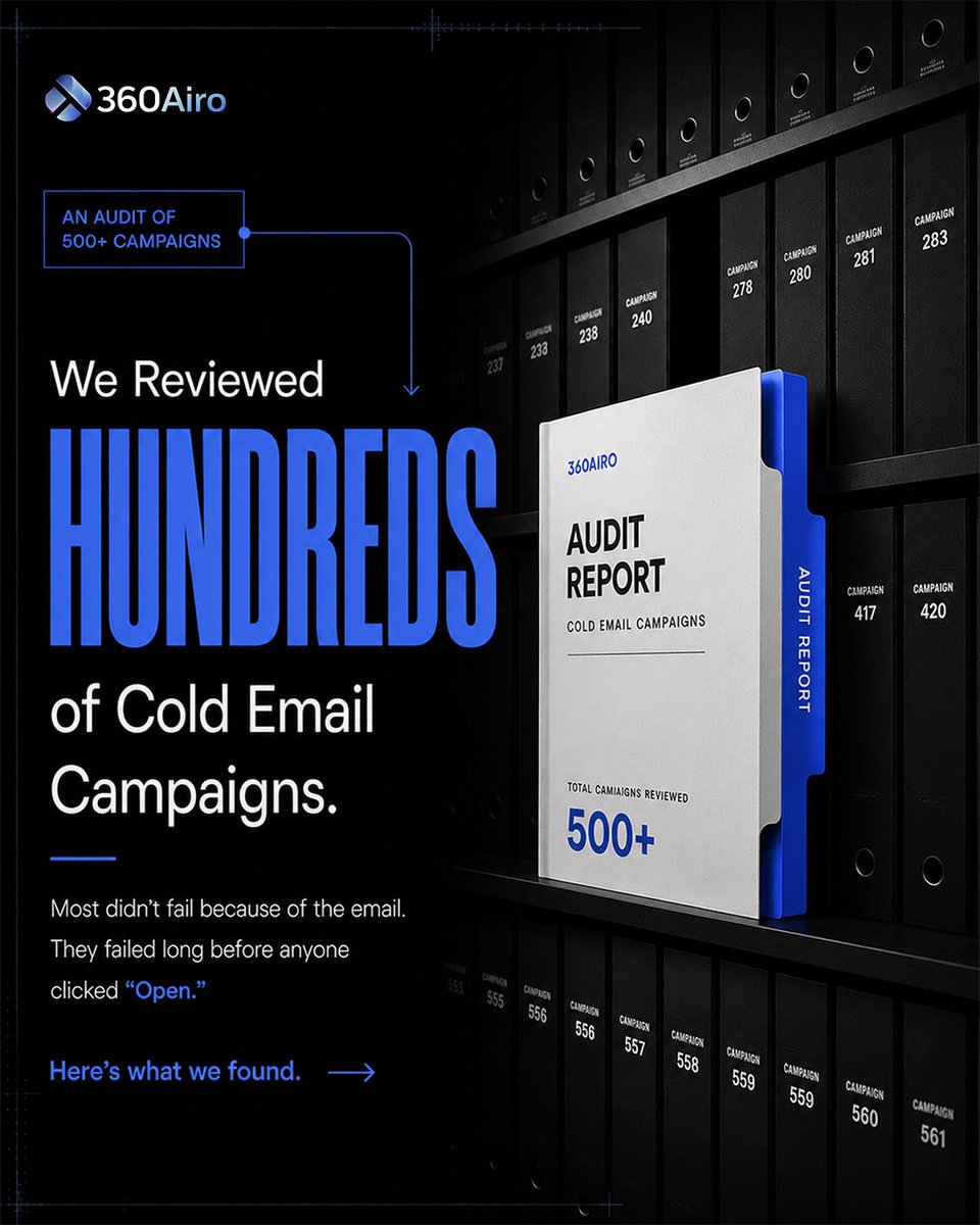 360airo's tweet photo. We audited 500+ cold email campaigns.

• Great copy ≠ inbox placement
• Personalization ≠ relevance
• Selling too early loses attention
• Target buyers, not markets
Cold email isn’t broken.
Most outbound systems are.
#ColdEmail #B2BSales #EmailMarketing #360Airo https://t.co/QElNa6aiio