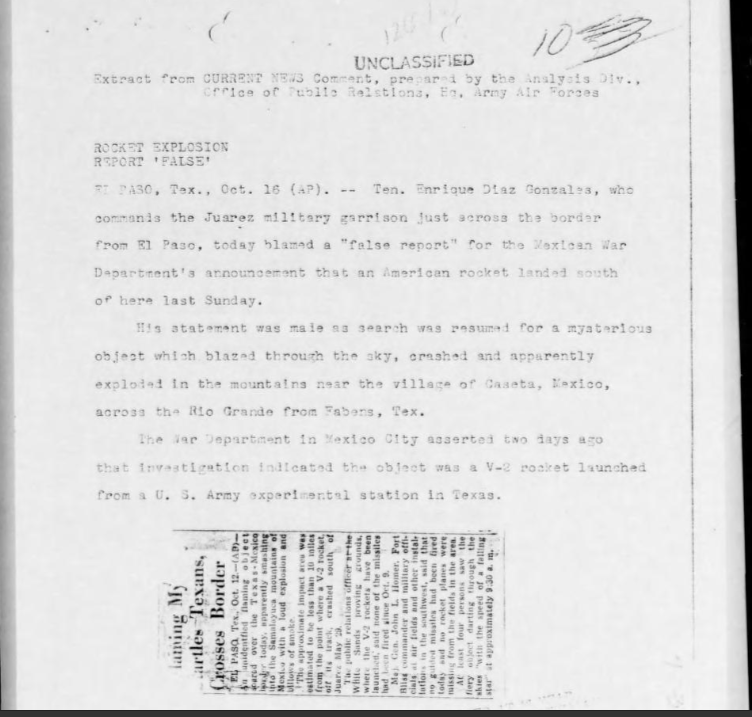 GearUpGamerX's tweet photo. A War Department message from Oct 16, 1947, details a "suspected area of impact" in Mexico near Fabens,  TX. Reports from Ft. Bliss show the Mexican Garrison of Juarez was actively searching for an unverified "aerial object landing. "Thoughts? 👇UFO UAP History https://t.co/xkQZ7nnrYZ