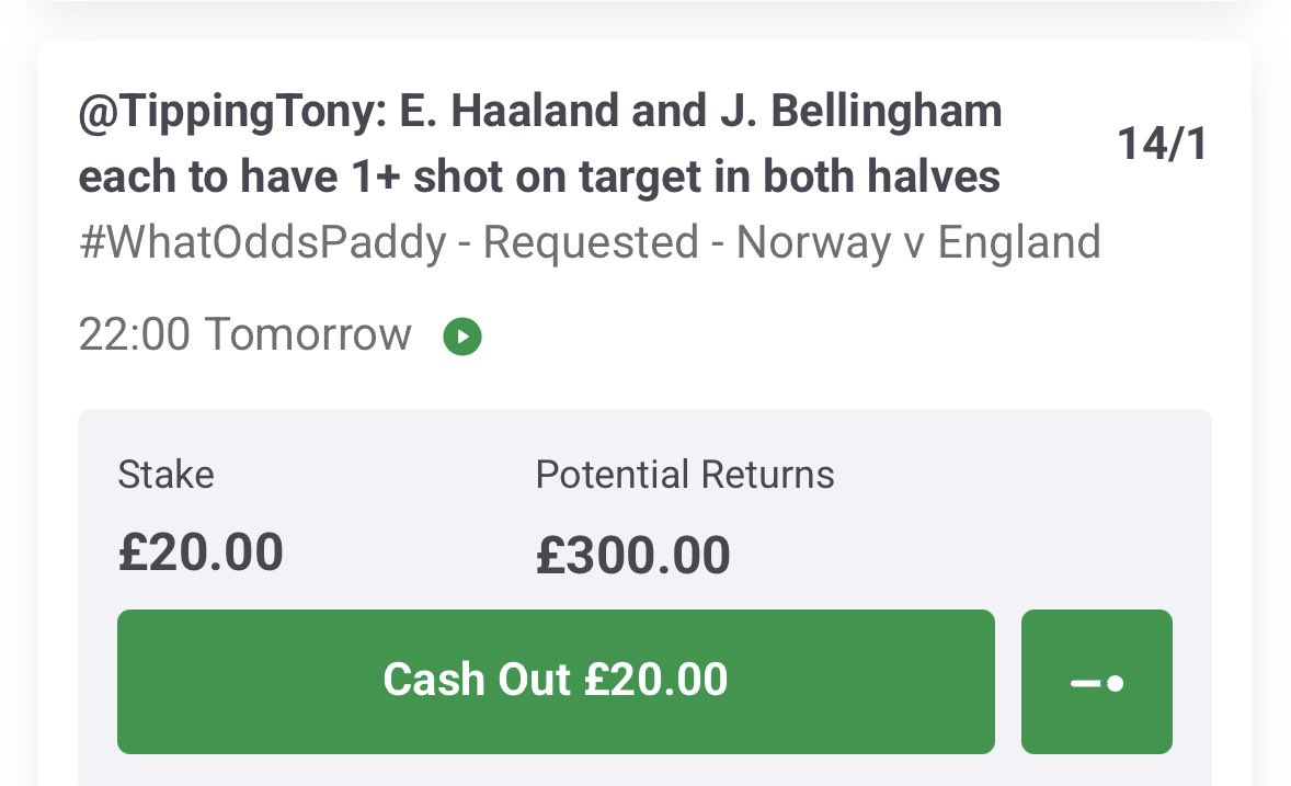 TippingTony's tweet photo. 🇳🇴 HAALAND VS BELLINGHAM 🏴󠁧󠁢󠁥󠁮󠁧󠁿 

Mega price here, 14/1 odds is INSANE ✅ 

BET IS HERE 👉 https://t.co/Cb4s9SQq63

🏆 So far this World Cup…
✅ Haaland’s had 12 SOTs in 4 starts.
✅ Bellingham’s had 9 SOTs in 5 starts.
🇳🇴 Erling Haaland SOTs: 3, 2, 3, 4
🏴󠁧󠁢󠁥󠁮󠁧󠁿 Jude Bellingham SOTs: 3, 3, 1, 0, 2

😍 What makes this even better?
✅ Haaland has had 1+ Shot on Target in each half in all 4 games he’s played so far.
✅ Bellingham has had 1+ Shot on Target in each half in both Knockout Rounds so far.

🇳🇴 NORWAY VS ENGLAND 🏴󠁧󠁢󠁥󠁮󠁧󠁿 

LIKE ❤️ & SHARE ♻️ IF YOU’RE ON!!!

🔞 | gamble responsibly #ad
https://t.co/effi0VveJw