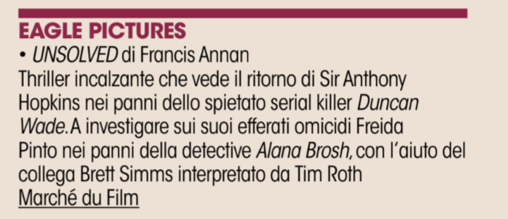 Tim_Roth_News's tweet photo. I think I found another new project! 🚨 In the Italian industry magazine that I linked to yesterday, there's also a blurb about a film that was sold at the Cannes film market in May. It's called 'Unsolved' and stars Tim alongside Anthony Hopkins. 😲

🔗: https://t.co/sVXEMGYNLF https://t.co/kS7nr3jUIp