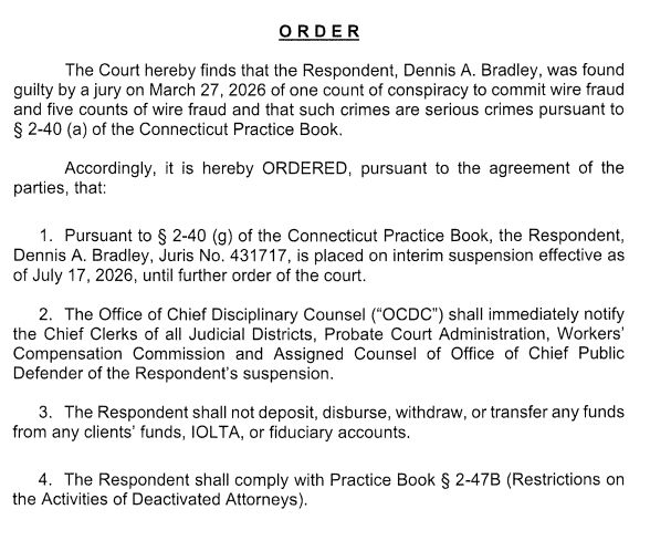 johncraven1's tweet photo. #BREAKING A judge is suspending former #Bridgeport state Sen Dennis Bradley's law license effective next Friday on an interim basis

Bradley was convicted of 6 counts of fraud in March. A sentencing date isn't set yet: https://t.co/rx5XXfjzfC https://t.co/UEoUwVznFn