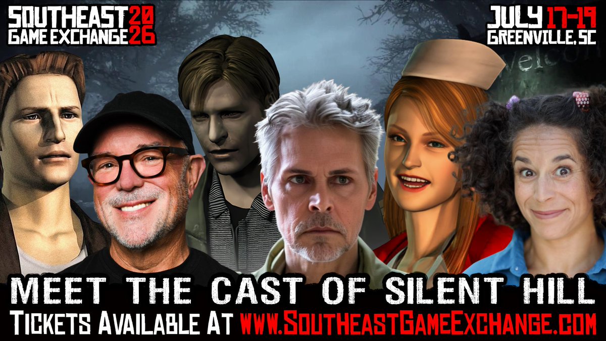 SEGE2026's tweet photo. If your a fan of Silent Hill, Southeast Game Exchange is the place to be! 📻

Guy Cihi, Michael Guinn, and Thessaly Lerner will be at Southeast Game Exchange all weekend long! Come meet the cast July 17th-19th at the Greenville Convention Center!

🎟️ Tickets Available Now - https://t.co/DMa4gfP3Jx

#sege #sege2026 #southeastgameexchange #southeastgameexchange2026 #gamingconvention #gamingcon #greenvillesc #retro #retrogaming #retrogames #retrogamer #gaming #gamingcommunity #silenthill #silenthill2 #jamessunderland #harrymason #lisagarland