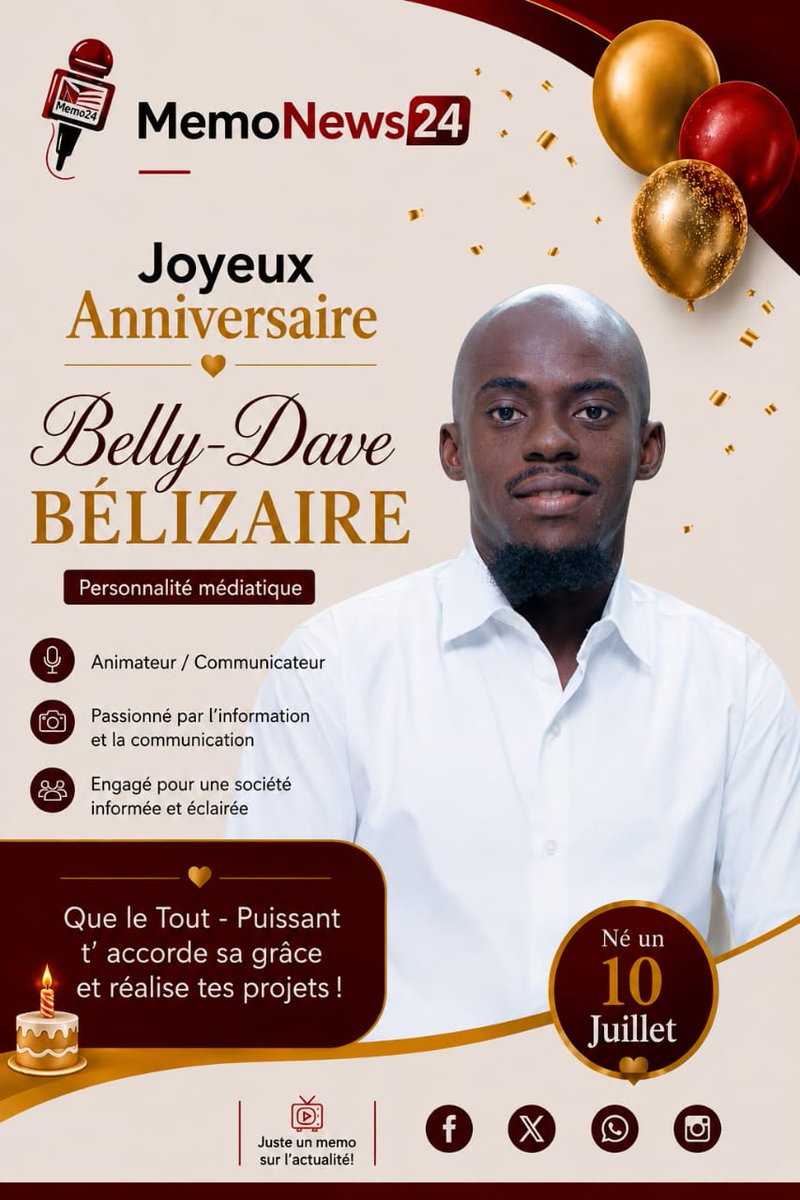 MemoNews24's tweet photo. #Joyeux anniversaire à toi #Belly-#Dave #BÉLIZAIRE, mon ami-frère, mon #collaborateur et mon bon #ami personnel de #moi! Sois à jamais et #abondamment béni du #Tout-#Puissant Zanmim-Frèm!
🍾🍾🍾🎂🎂🎂🍾🍾🍾 https://t.co/VIDcG0N08O
