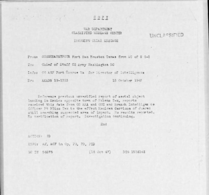 GearUpGamerX's tweet photo. A War Department message from Oct 16, 1947, details a "suspected area of impact" in Mexico near Fabens,  TX. Reports from Ft. Bliss show the Mexican Garrison of Juarez was actively searching for an unverified "aerial object landing. "Thoughts? 👇UFO UAP History https://t.co/xkQZ7nnrYZ