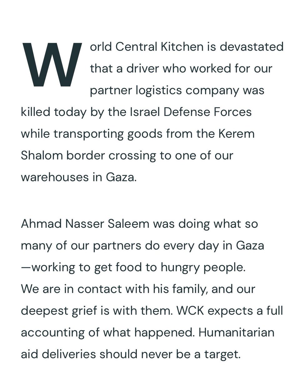SanaSaeed's tweet photo. The IDF did a field execution a Palestinian aid worker, who worked for @WCKitchen, which hasn’t mentioned Ahmad Esleem’s name or murder on its platforms. Neither has @chefjoseandres, who is busy tweeting about football. 

All they did was a buried blog post. https://t.co/A7RKrsSTDl