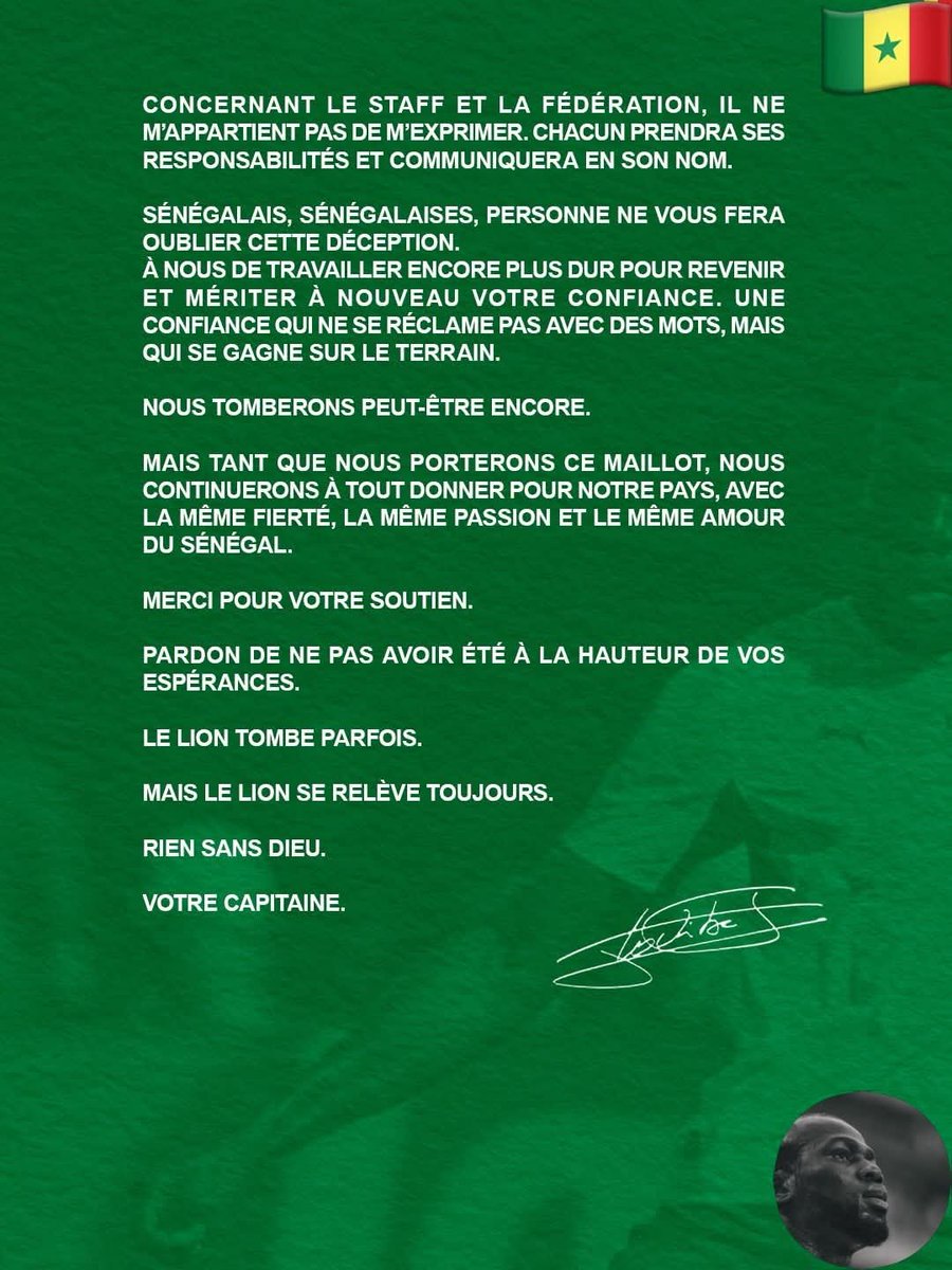 sane932's tweet photo. « Je n'ai jamais choisi un seul joueur pour une sélection. Je n'ai jamais empêché un seul joueur de rejoindre la tanière » Kalidou Koulibaly, capitaine du Sénégal https://t.co/IP8o7VXzlC