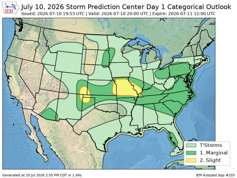 EmmanuelMwx's tweet photo. The Storm Prediction Center issues Day 1 Convective Outlook (Max Risk: Slight) at Jul 10, 19:53z https://t.co/1yiPt4i4Dd https://t.co/mJhgj965fn