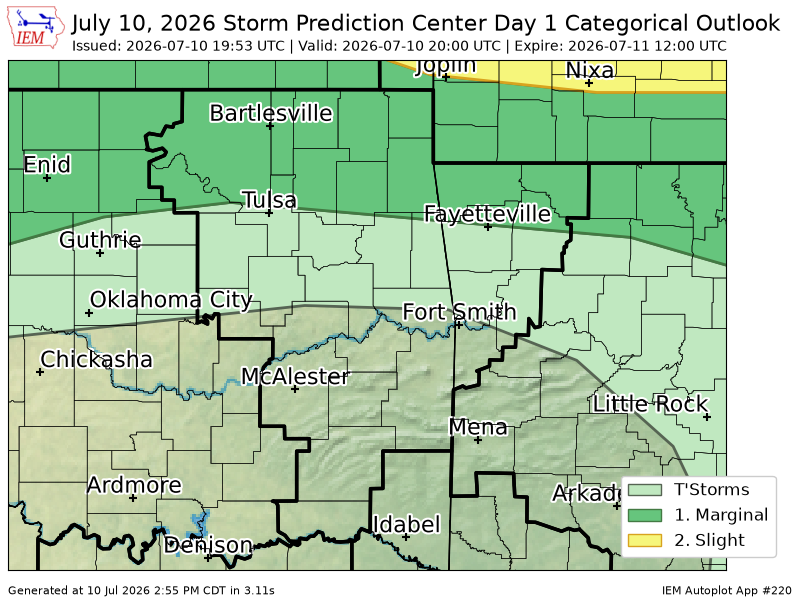 225AlertsAR's tweet photo. #SPC issues Day 1 Marginal Convective Risk at Jul 10, 19:53z for TSA https://t.co/mQPUcUJyRO https://t.co/O7iAsXqSAl
