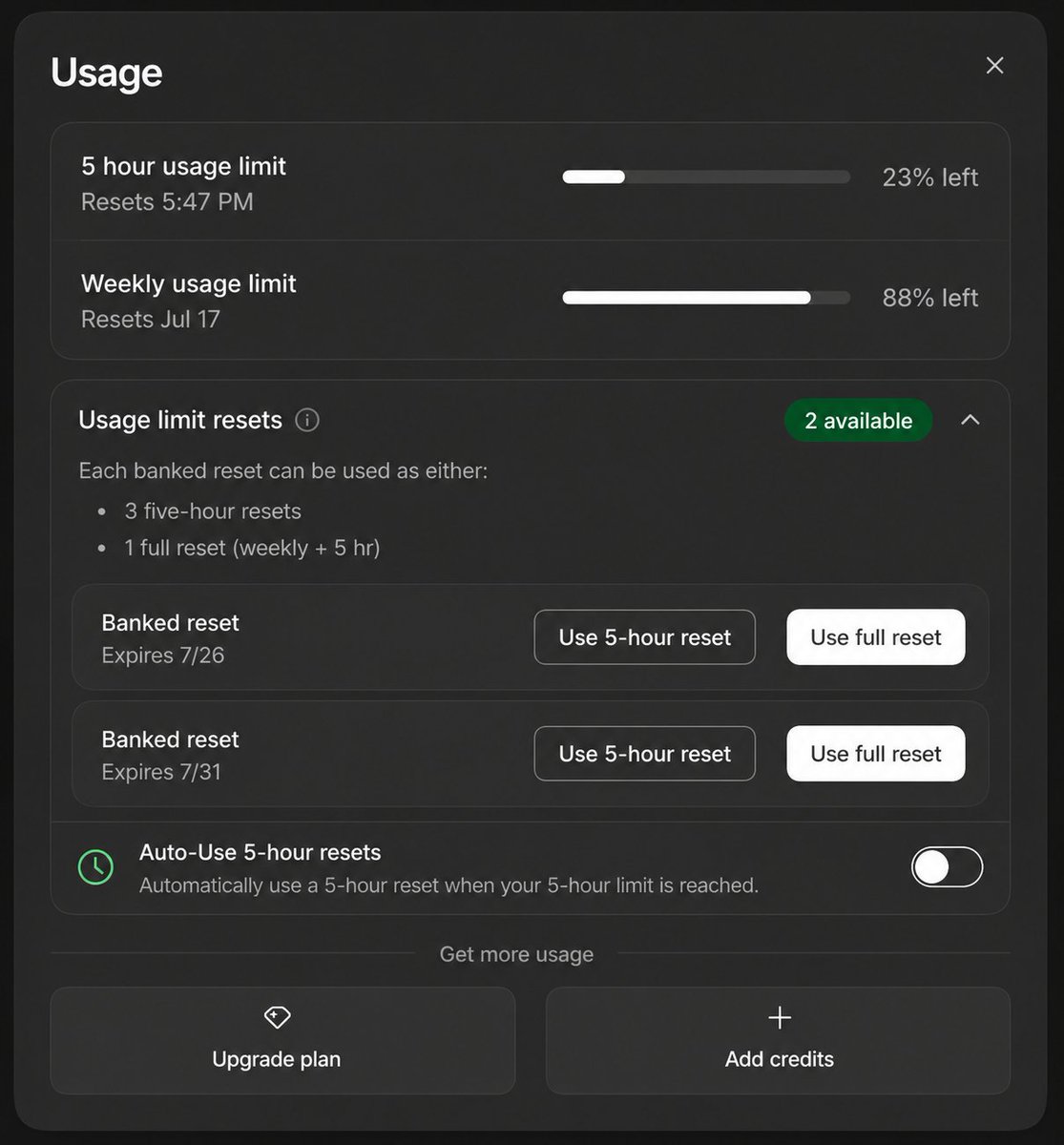 sethrose's tweet photo. I'd like to propose @OpenAIDevs / @thsottiaux a modification to the Usage Limit functionality for "ChatGPT Codex".

Current Problem: When the 5-hour usage limit is reached, users are blocked even when they still have plenty of weekly usage remaining. The current workaround is to use a full reset, but that feels wasteful because it resets both limits when only the 5-hour allowance is exhausted.

I’d like to propose a proportional option for banked resets, so users don’t have to spend a full reset just to recover from the shorter 5-hour limit.

For example, each banked reset could be used as either:
- 3–4 five-hour resets, or
- 1 full reset covering both the weekly and current 5-hour limits.

Once that’s in place, an optional opt-in Auto-Use setting could automatically apply a five-hour reset when the 5-hour limit is reached.