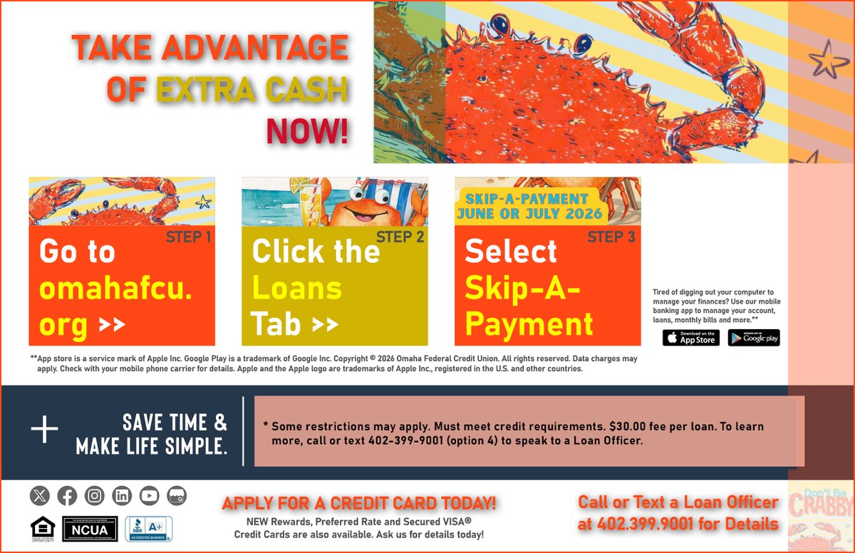OmahaFederalCU's tweet photo. Don't get pinched this summer! Take advantage of extra cash with Skip-A-Pay June or July! Members' loan(s) must be on the CU books for at least 6 mos. Requests are subject to approval. Must meet credit requirements. $30.00 fee per loan. To apply: https://t.co/Q8PuBvkMiq https://t.co/ZvClo0zyEO