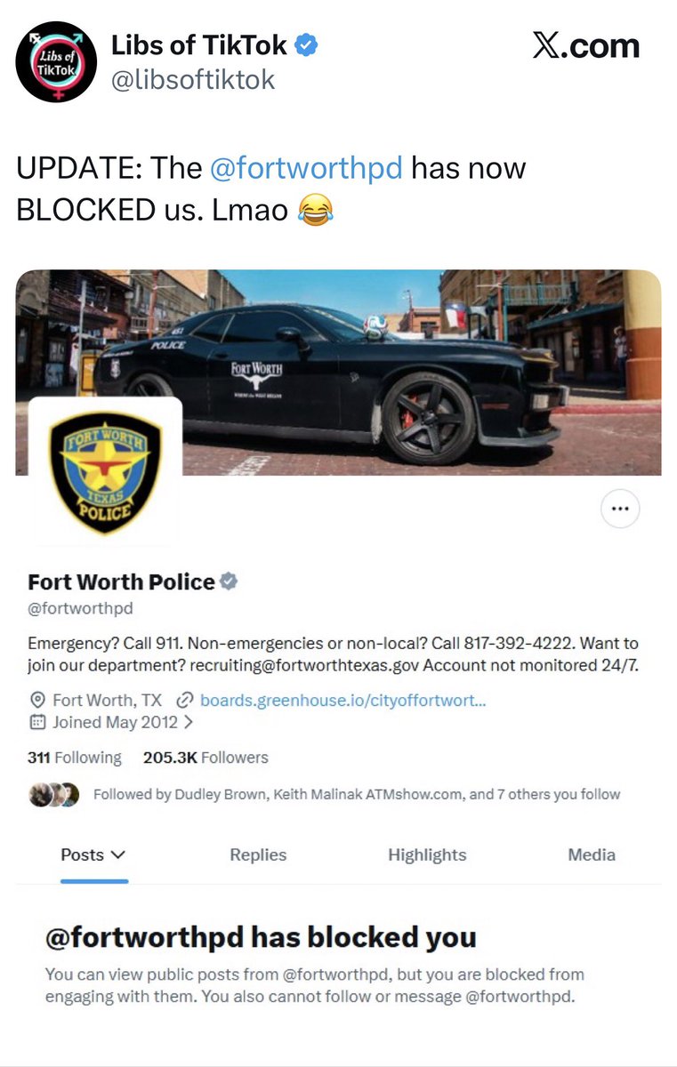 crime_cafe_'s tweet photo. Hey @GregAbbott_TX and @DHSgov,  can a government agency @fortworthpd block accounts on @X or is that a violation of the First Amendment? https://t.co/GnANoSIOlI
