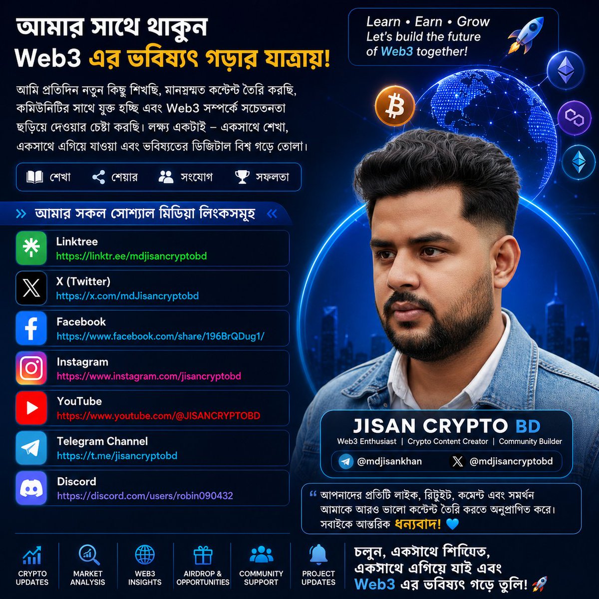mdJisancryptobd's tweet photo. 🚀 Web3 শুধু একটি নতুন প্রযুক্তি নয়—এটি ভবিষ্যতের ডিজিটাল অর্থনীতি গড়ে তোলার একটি বৈপ্লবিক যাত্রা।

প্রতিদিন আমি নতুন কিছু শিখছি, বিভিন্ন Web3 প্রজেক্ট সম্পর্কে জানছি, কমিউনিটির সঙ্গে যুক্ত হচ্ছি এবং মানসম্মত ক্রিপ্টো কনটেন্ট তৈরি করার চেষ্টা করছি। আমার বিশ্বাস, সফলতা একদিনে আসে না; ধারাবাহিক শেখা, ধৈর্য এবং নিয়মিত কাজই একজন মানুষকে সফল করে তোলে।

ক্রিপ্টো ও ব্লকচেইনের জগতে প্রতিনিয়ত নতুন নতুন সুযোগ তৈরি হচ্ছে। DeFi, AI, RWA, GameFi, NFT এবং Blockchain Innovation আমাদের ভবিষ্যৎকে নতুনভাবে গড়ে তুলছে। আমার লক্ষ্য শুধু নিজের উন্নতি নয়, বরং বাংলা ভাষাভাষী আরও বেশি মানুষকে Web3 সম্পর্কে সচেতন করা, নতুনদের সঠিক তথ্য পৌঁছে দেওয়া এবং একটি শক্তিশালী কমিউনিটি গড়ে তোলা।

আমার যাত্রার সঙ্গে যুক্ত থাকুন এবং আমার সকল সোশ্যাল মিডিয়া প্ল্যাটফর্মে কানেক্ট করুন:

🔗 Linktree: https://t.co/wCxwCU7uqd
🐦 X (Twitter): https://t.co/EZO52xfhzs
📘 Facebook: https://t.co/h5qPYjjdEq
📸 Instagram: https://t.co/tDAohTruJe
📺 YouTube: https://t.co/3uGxj0S1Pc
💬 Telegram Channel: https://t.co/4knAKQXXTK
🎮 Discord: https://t.co/bK1Tusyo6f

আপনাদের প্রতিটি লাইক, রিপোস্ট, কমেন্ট ও সমর্থন আমাকে আরও ভালো কনটেন্ট তৈরি করতে অনুপ্রাণিত করে। সবাইকে আন্তরিক ধন্যবাদ। ❤️

চলুন, একসাথে শিখি, একসাথে এগিয়ে যাই এবং Web3-এর ভবিষ্যৎ গড়ে তুলি। 🚀🌍

#Web3 #Crypto #Blockchain #Bitcoin #Ethereum #বাংলা_ক্রিপ্টো #CryptoCommunity #BUIDL