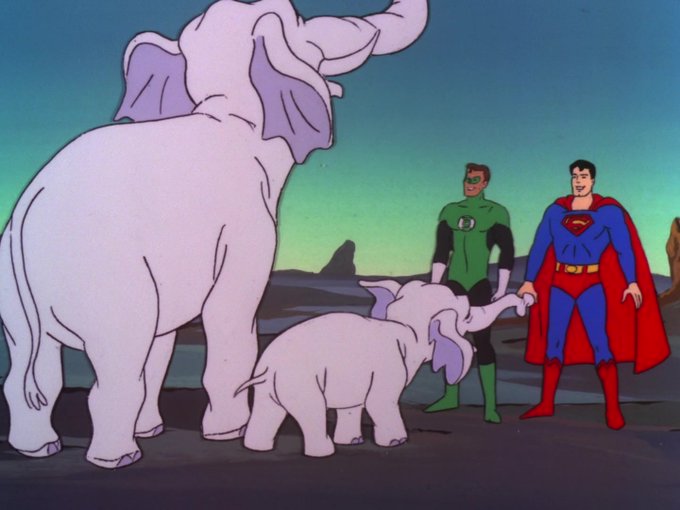 ImbrugliaJim's tweet photo. #MeTVToons #metvtoonssuperfriends Superman and Green Lantern have reunited a mother white elephant with her baby. I love heartwarming episodes like this. https://t.co/YGmYsI2SBL