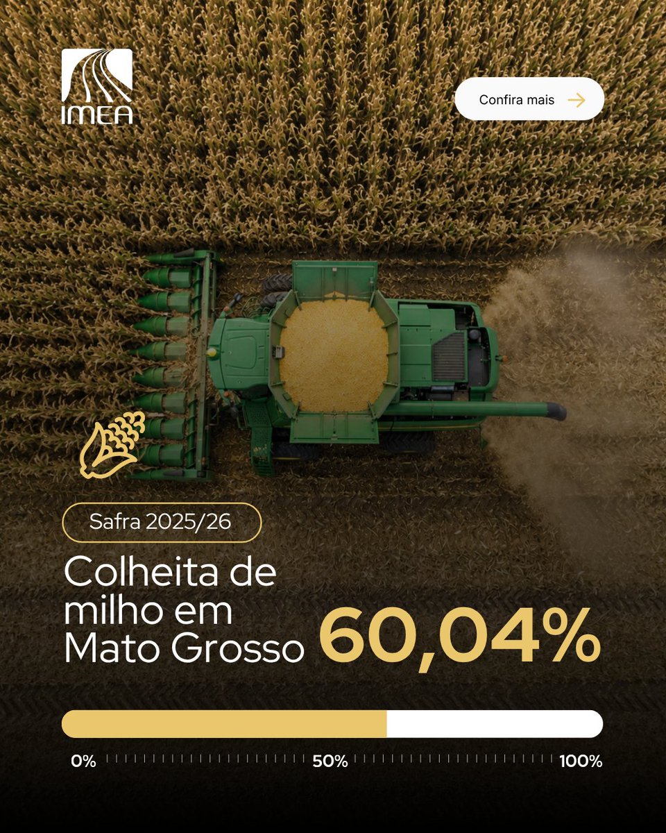 imea_mt's tweet photo. 🌽 Milho | 10 de jul.

Até o dia 10/07, a colheita do milho da safra 2025/26 atingiu 60,04% da área estimada em Mato Grosso, avanço de 15,77 p.p. em relação à semana anterior e de 2,48 p.p. frente ao registrado no mesmo período da safra passada.

🔗 Relatório completo no site. https://t.co/cjSY3GsWRF