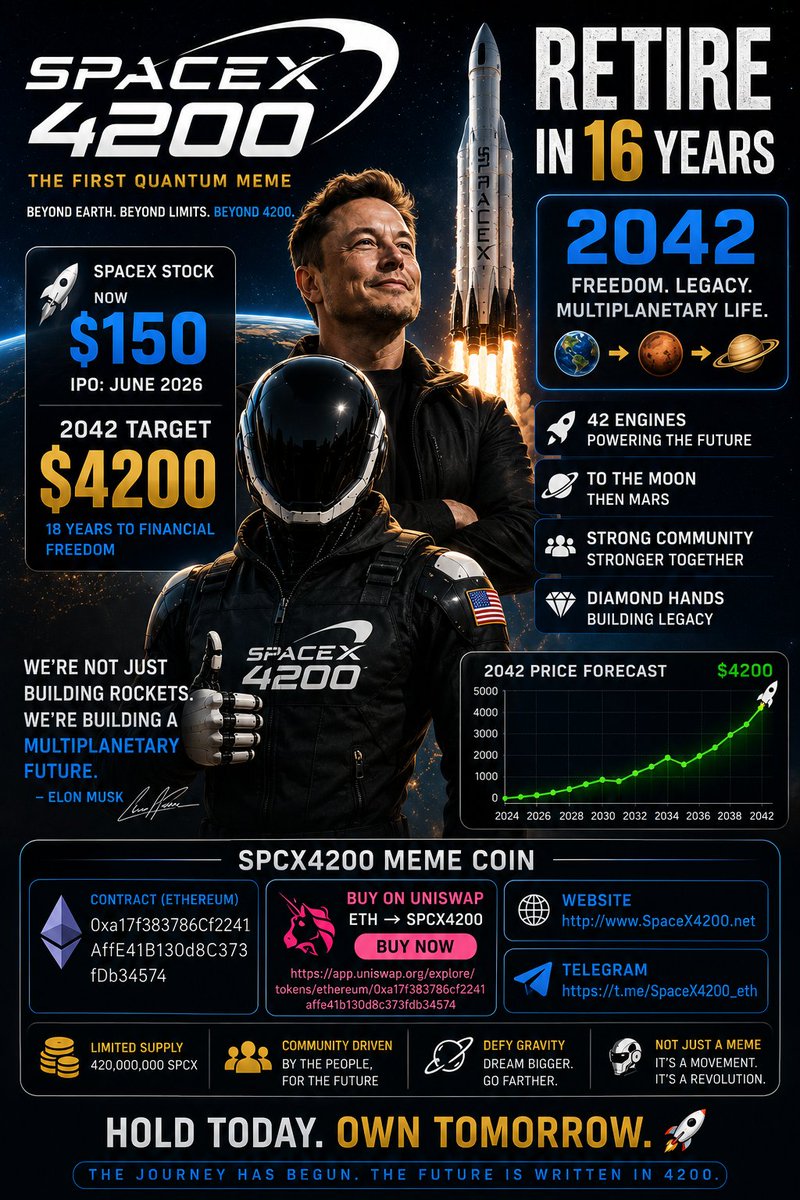 spcx4200_eth's tweet photo. 2042: Rockets launch daily.
The future belongs to those who believed early.
#spcx4200 #spcx $SPCX #elonmusk
🚀 SPCX4200 https://t.co/i8553Gu4dj