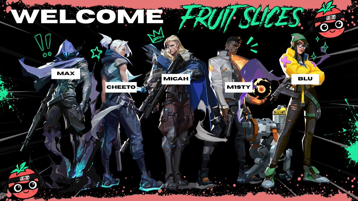 FruitNinjasVAL's tweet photo. Introducing our Academy Roster, Fruit Slices! 🍅

🍅Max
🍅Cheeto
🍅Micah
🍅@m1sty_exe
🍅Blu

🍅@itzHuntr - Coach

We are excited to compete in @EmpressValorant 
and slice through the competition!

#soFRU https://t.co/3n9Cur0Zvh