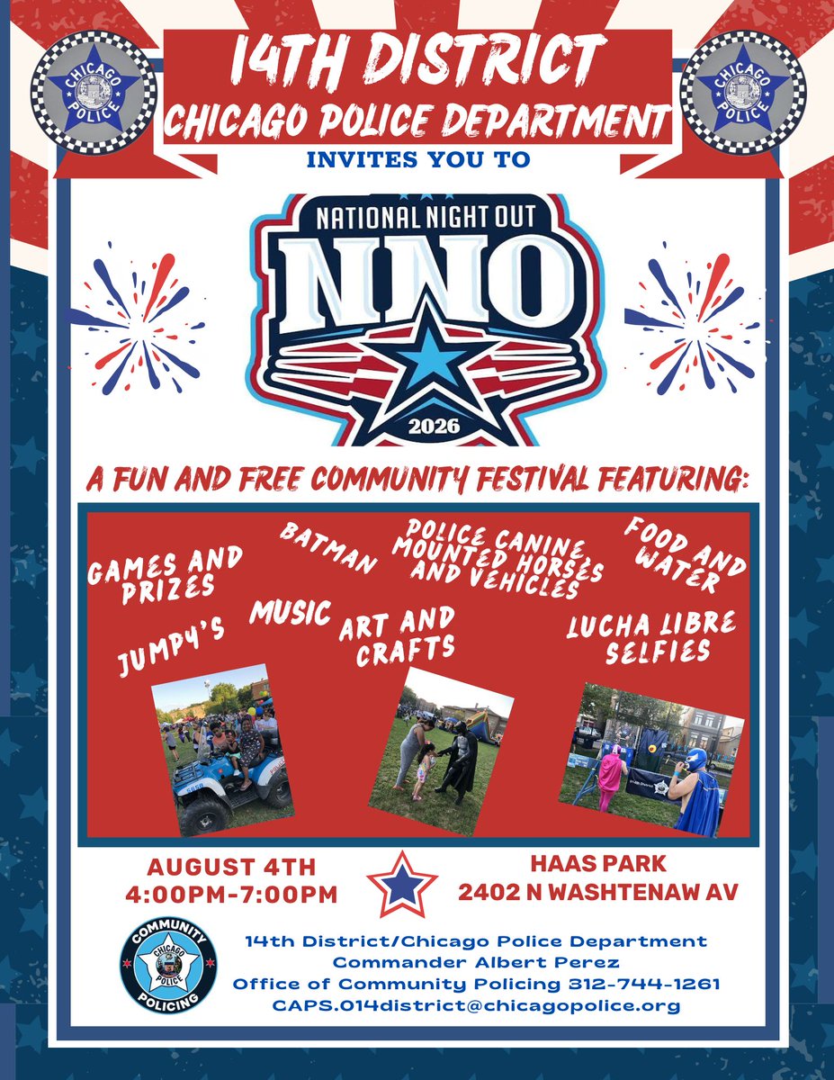 ChicagoCAPS14's tweet photo. Come out and meet your 014th District officers, connect with your neighbors, and enjoy an evening of family-friendly fun, food, games, community resources, and more. https://t.co/GiaE5cC9un
