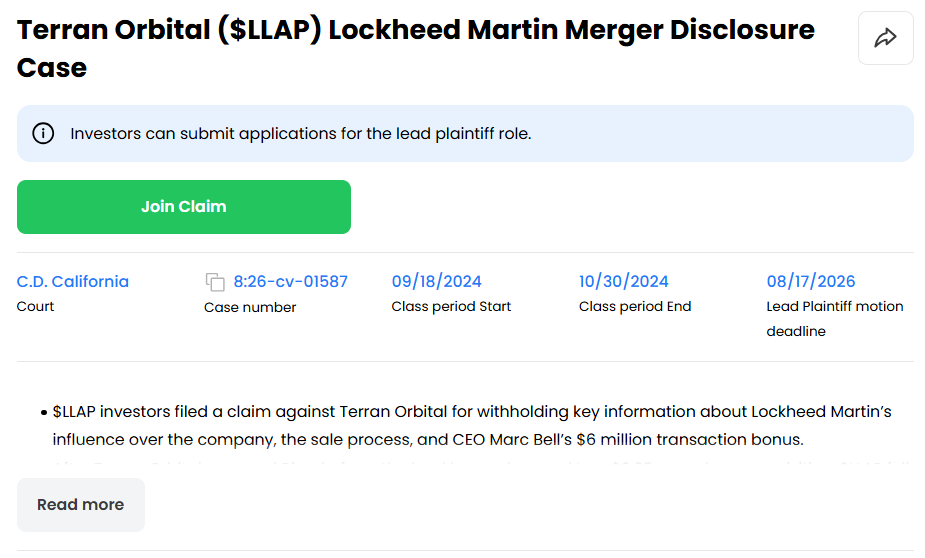 11thestate's tweet photo. If you're an $LLAP investor, there's a class action case with important details.
We have everything covered, including how investors can get paid. #LLAP #TerranOrbital https://t.co/bd4nWiMk6P