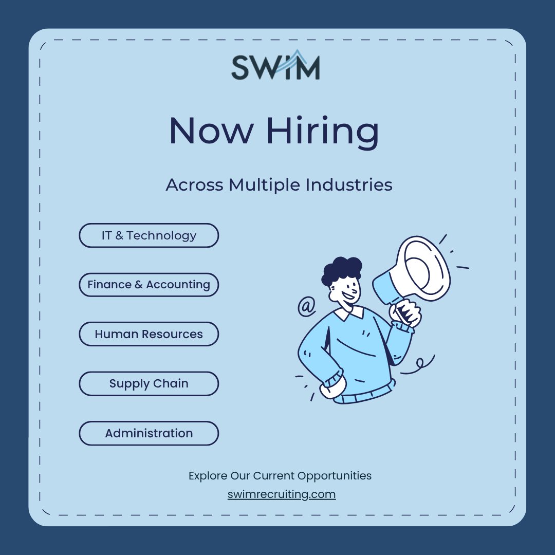 SwimRecruiting's tweet photo. Heading into the weekend? We're hiring across multiple industries:

✔️ IT &amp; Technology
✔️ Finance &amp; Accounting
✔️ Human Resources
✔️ Supply Chain
✔️ Administration

Find your next role:  https://t.co/yrXaF65BB8

#Recruiting #Hiring #CareerOpportunities https://t.co/WFiDMr6geN