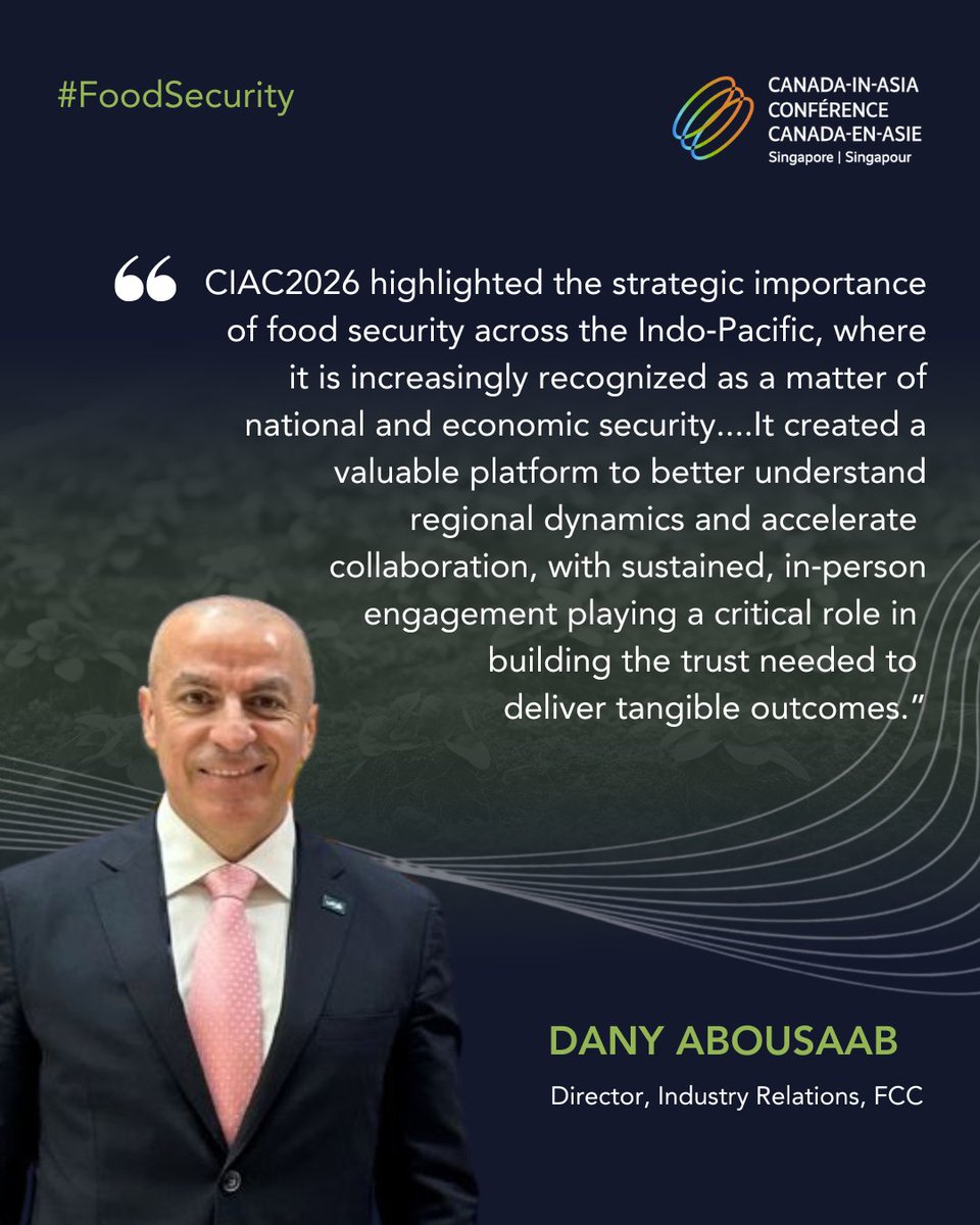 AsiaPacificFdn's tweet photo. Announcing APF Canada’s Canada-in-Asia Conference 2027 in Singapore on March 3-4, 2027 

🍏 The #foodsecurity pillar will explore trade, innovation, food security, agri-technology, and research partnerships between Canada and Asia.

Register now for #CIAC2027 : https://t.co/xCd4XSdh0p
@FCCagriculture