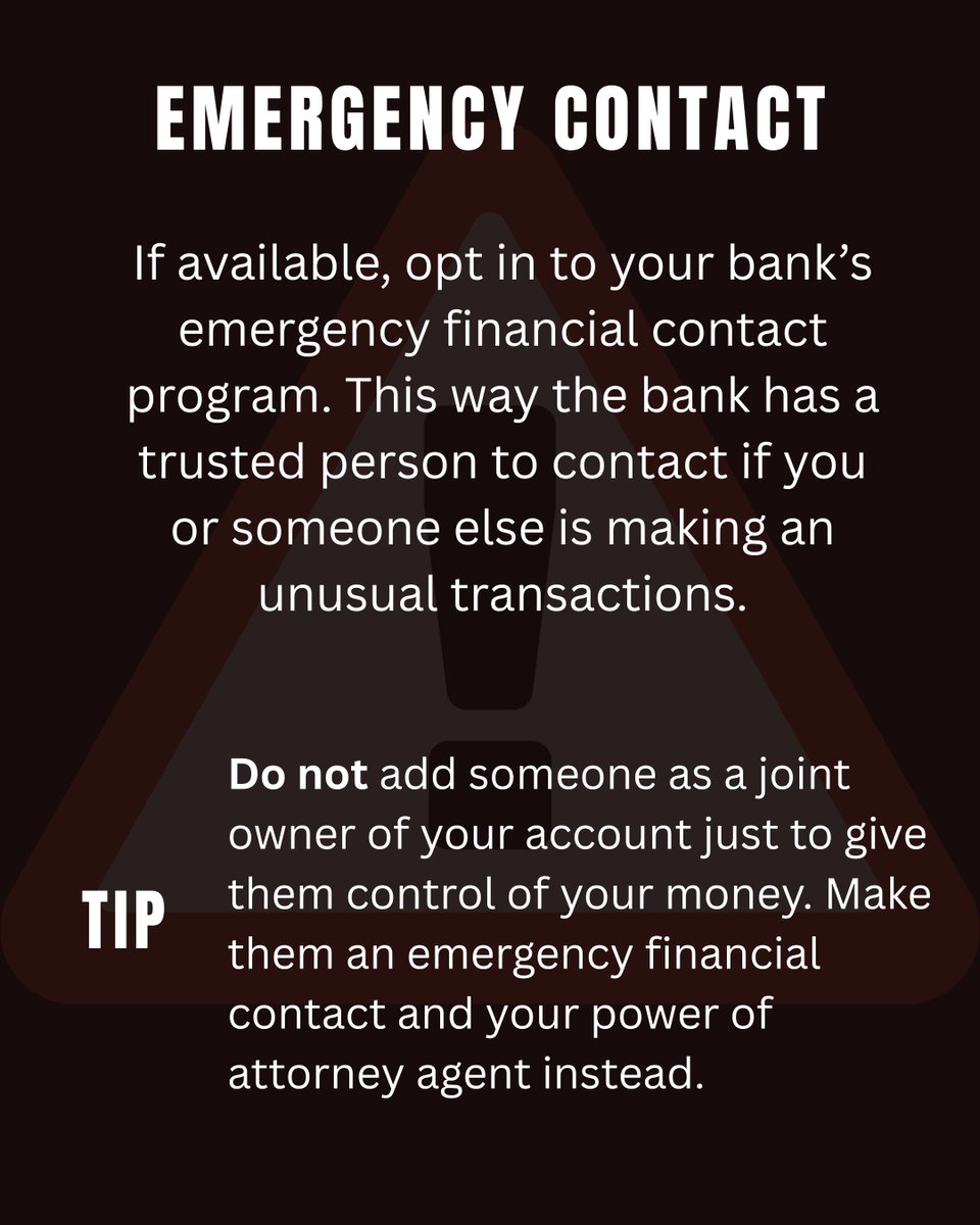 ElderLawAdvo's tweet photo. Identity thieves go after your bank accounts first. 4 free ways to stop them:

🧊 Freeze your credit (all 3 bureaus)
🔔 Turn on bank transaction alerts
🤝 Set an emergency financial contact (not a joint owner!)
🔐 Long password + app-based 2FA

#IdentityTheft #FraudPrevention https://t.co/iolhmk8RZA